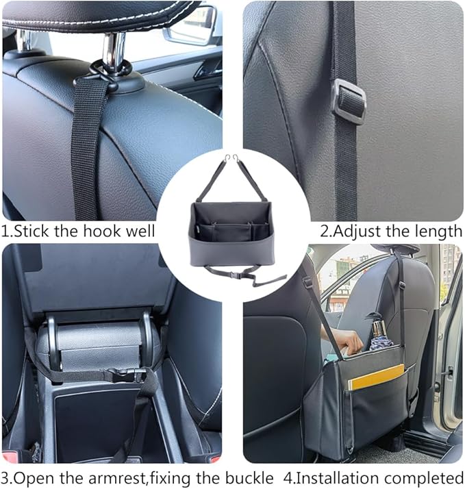 Car Handbag Purse Holder Between Seats Leather Car Front Seat Storage Bag Large Capacity Car Organizers for Book Document Phone Bottle Tissue Toy (Black Style-1)