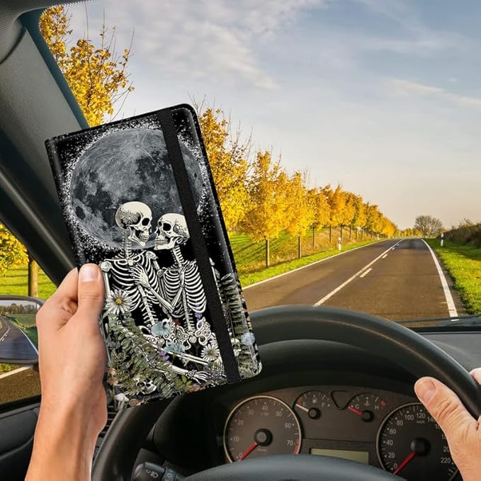 Car Registration and Insurance Card Holder, Vehicle License Documents Glove Box Compartment Organizer Wallet, ID Card Holder for Car Essentials Automobile, Gothic Skeleton Romantic