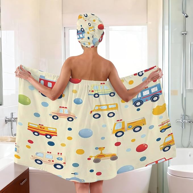 Women Bath Wrap Hair Towel Drying Cap Set Colored Trucks Cars Pattern Soft Absorbent Bathrobe Shower Wraps with Adjustable Closure Spa Bath Robe