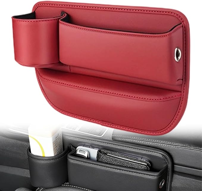 Car Leather Cup Holder Gap Bag, Adjustable Car Seat Gap Storage Box Leather with Cup Holder, for Keys, Cards, Phone, Sunglasses, Multi-Purpose Essentials Organizer (Red, Driver's Seat)