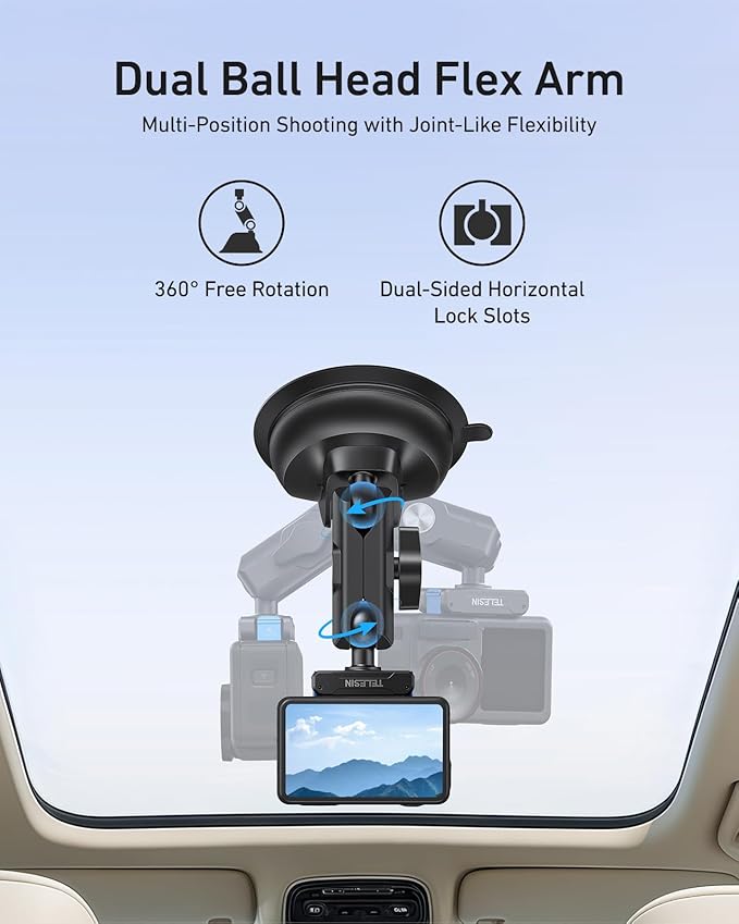TELESIN Suction Cup Car Mount for DJI Action 6 5 pro/4/3 – Strong Magnetic Base, 360° Adjustable Dual Ball Head, Quick Release Camera Mount for Windshield, Dashboard & Smooth Surfaces