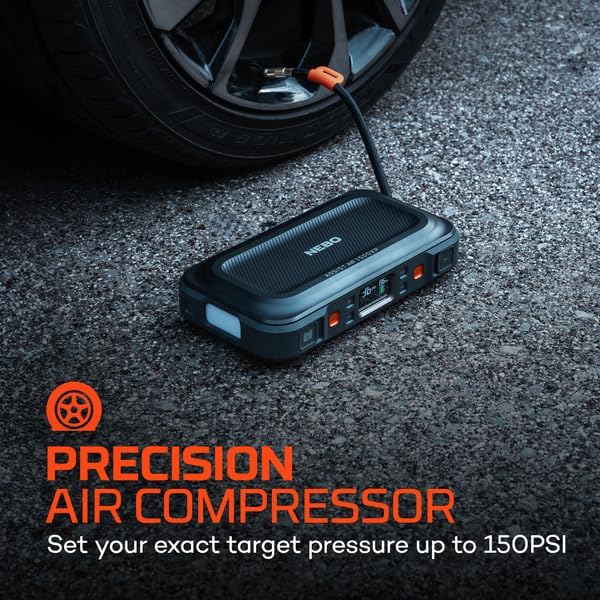 NEBO Assist Air 1500XP Jump Starter and Air Compressor | 44.4Wh Power Supply Box Restarts 12V Battery Vehicles, 150 PSI Air Compressor Inflates Tires, Integrated Floodlight, USB Ports, TSA Approved