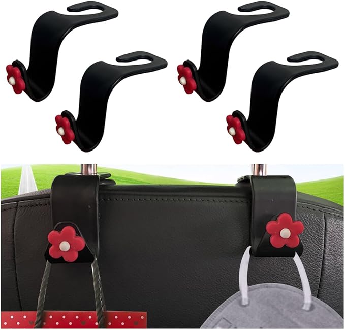 BESULEN Car Seat Headrest Hook, 4PCS Vehicle Seatback Organizer Hanger, Auto Seat Back Storage Hook for Grocery Bag Purse Handbag Umbrella, Universal Interior Accessories for Most Cars (Red)