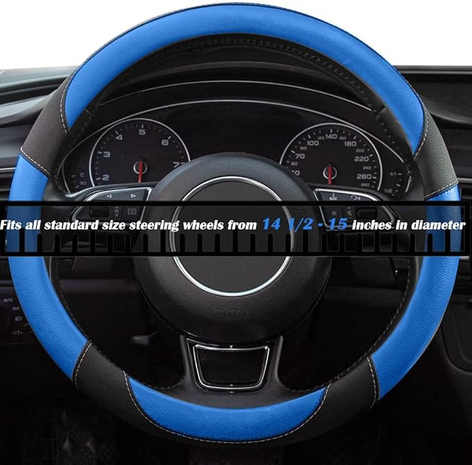 Xizopucy Black and Blue Microfiber Leather Steering Wheel Cover，Universal 15 inch Steering Wheel Covers for Car Truck SUV，Breathable, Anti Slip & Odor Free(Black+Blue)…