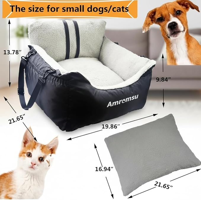 Small Dogs Car Seat,Fully Detachable and Washable Ultra Soft Car Travel Bed, with Clip-on,Two Portable Handle and Storage Pockets Puppy Dog Booster Seats,Portable DogCar Travel Carrier Bed