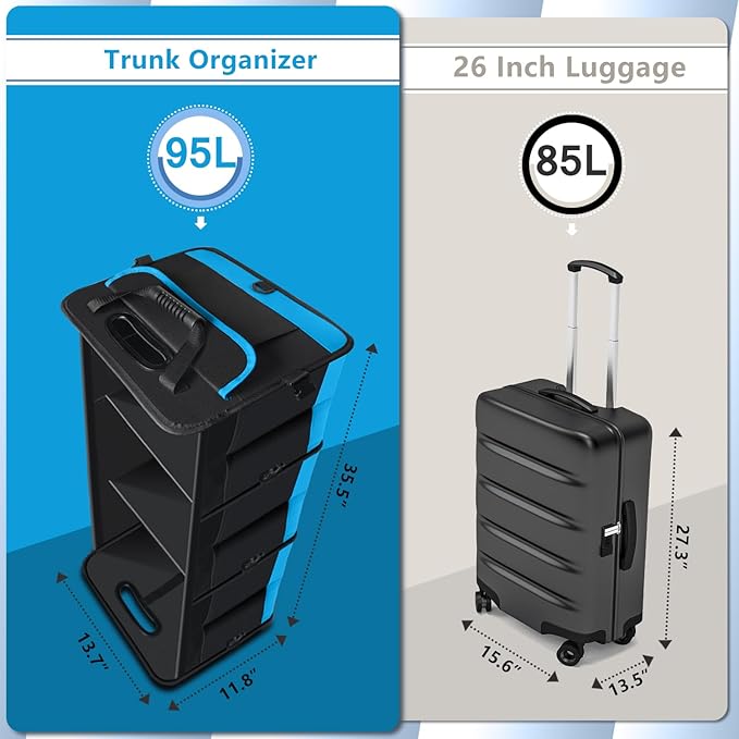 Trunk Organizer for Car, Car Storage Organizer with 2 adjustable straps, 95L Large Capacity Cargo Organizer for Suv, Truck, Sedan, Waterproof Portable Car Organizers for Women Men（Blue）