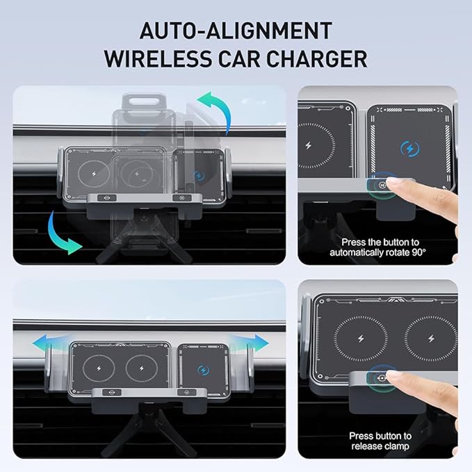 Famous Tech Shop Wireless Car Charger Mount, Car Phone Holder Charger with 15W Fast Charging, Auto Rotation & Dual Mount
