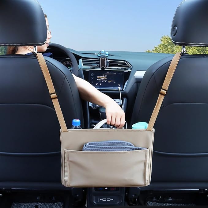 Car Handbag Purse Holder Between Seats Leather Car Front Seat Storage Bag Large Capacity Car Organizers for Book Document Phone Bottle Tissue Toy (Beige Style-1)