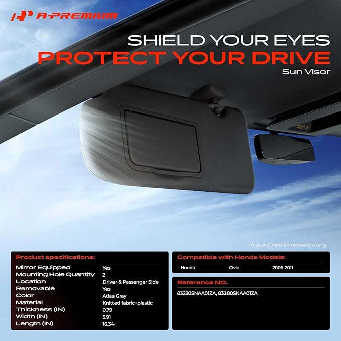 A-Premium Driver & Passenger Sun Visor Compatible with Honda Civic 2006 2007 2008 - Without Vanity Light, with Vanity Mirror, Atlas Gray Color - Replaces 83230-SNA-A01ZA, 83280-SNA-A01ZA