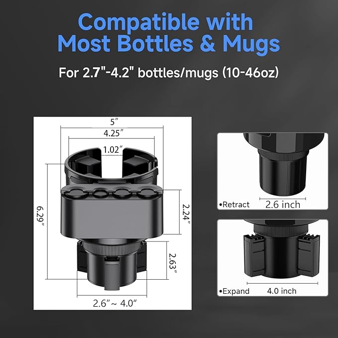 GDQ 2-in-1 Car Cup Holder Expander with Coin Organizer - Adjustable Base, Universal Fit for Most Vehicles, Compatible with Yeti/Stanley Large Mugs & All Handle Cups, Automotive Interior Storage
