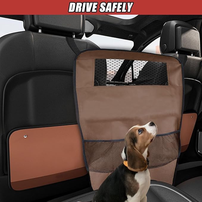Dog Car Net Barrier Between Seats - Pet Barrier Vehicle Travel Dog Fence with Mesh Window for Safe Driving - Vehicle Divider Car Backseat Barrier Storage Bag for SUVs and Trucks (Brown)