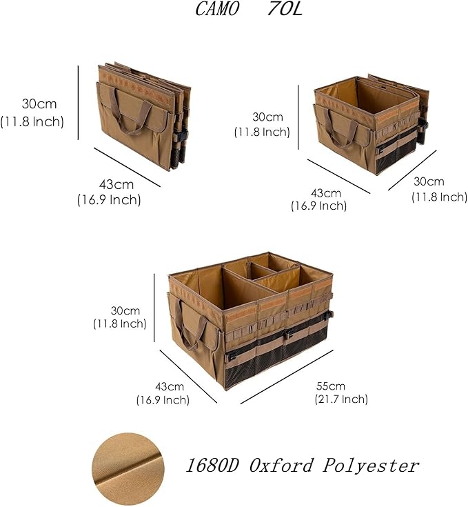 Trunk Organizer Wiith Lid For SUV Truck, Car Trunk Organizer, Truck Bed Organizer, Large, Brown, 4-Compartments With Handle