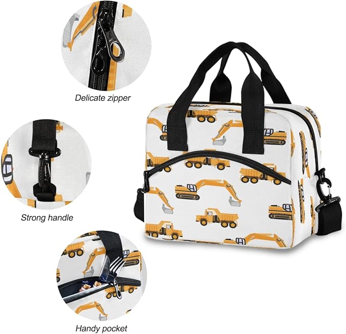 Lunch Bag for Kids Industrial Car Excavator and Trucks on White Insulated Cooler Lunch Box Large Capacity Lunch Organizer for Boys Girls