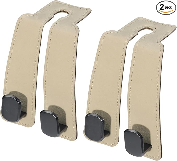 Car Seat Hooks for Headrest, Car Purse Hook & Back Storage Hook, Zinc Alloy & Suede Material Heavy Duty Car Hooks for Purses and Bags,Universal Fit for Most Vehicles(Beige-2 Pack)
