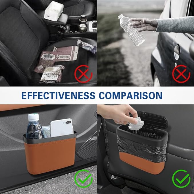 2PCS Car Trash Can with Lid, Press-Top Car Trash Bin with 30PCS Cars Trashs Bags, Small Automotive Dustbin Garbage Container Universal Fit Most Cars Office Home (2pcs-Brown)