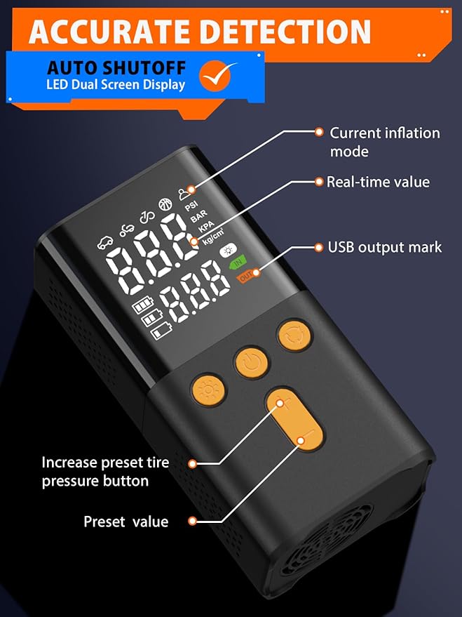 Portable Air Pump for Car Tires 150 PSI, 4X Faster Car Tire Pump with Digital Dual Values Display, Auto Off and Pressure Gauge Car Tire Inflator