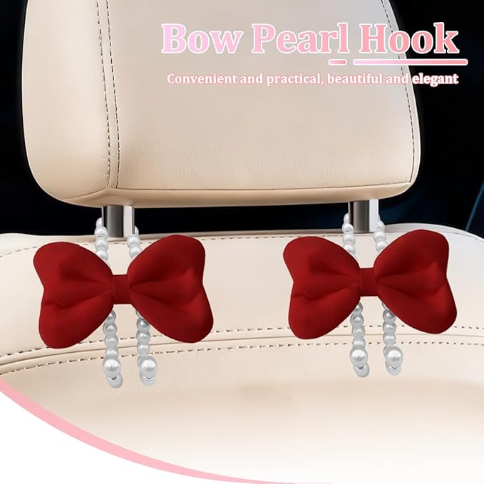 Car Seat Headrest Hook, 2PCS Elegant Bow Pearl Cute Vehicle Back Seat Hanger Hook, Automotive Headrest Storage Organizer for Handbag Purse Coat, Universal for SUV RV Truck (Red)