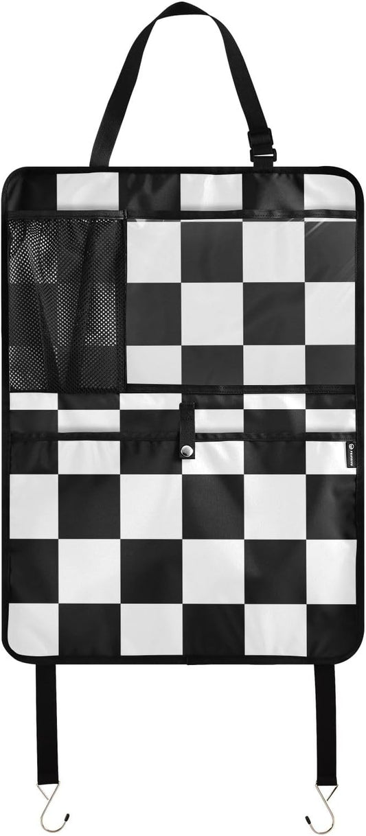 1 Pack Back Seat Car Organizer with Storage Pockets Kick Mats Back Seat Protector Hanging Car Organizer Automotive Seat Back Cover Organizers Checkered Black and White