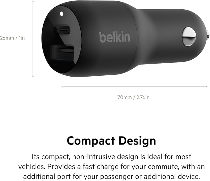 Belkin 37-Watt Dual USB Car Charger - Power Delivery 25W USB-C Port & 12W USB-A Port for PPS Charging Apple iPhone, Samsung Galaxy, AirPods, & More