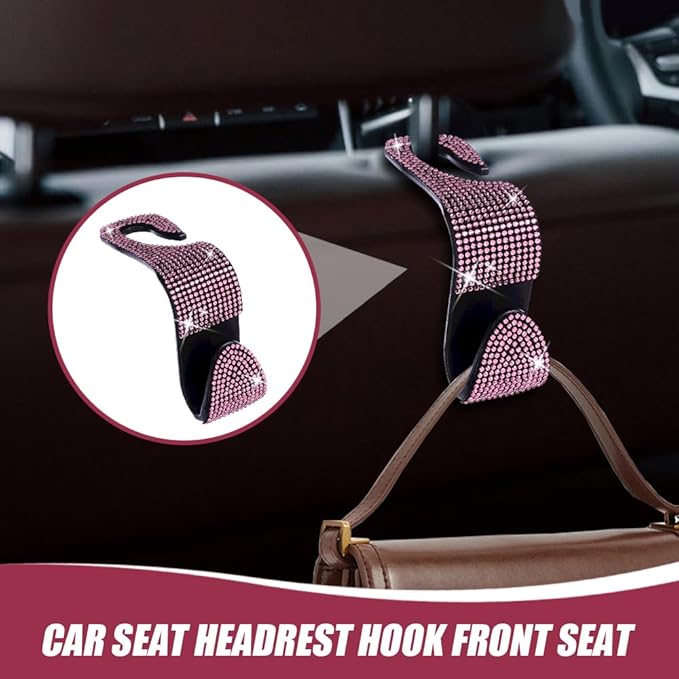 deemars 2 Pack Car Seat Headrest Hook, Bling Car Hooks Front Seat, Back Seat Organizer Hanger Storage Hook Car Purse Hook for Bags, Clothes, Coats, Grocery Bags (Pink)