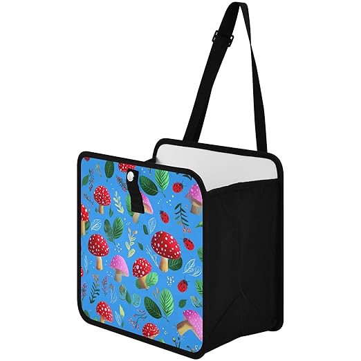 Car Trash Can Organizer Bin with Adjustable Strap for Back Front Seat Console Waterproof Leakproof Collapsible Portable 11 Inch Bright Blue Mushrooms Leaves and Ladybugs