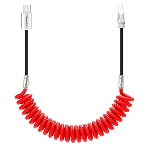 chubbycable Curly Chubby 120W Coiled USB C Cable Retractable Fast Charging Cable for Car Charger Cord Compatible with iPhone 17-15 Series, Red+Black, USB-A to Type-C, 2.29FT-3.6FT