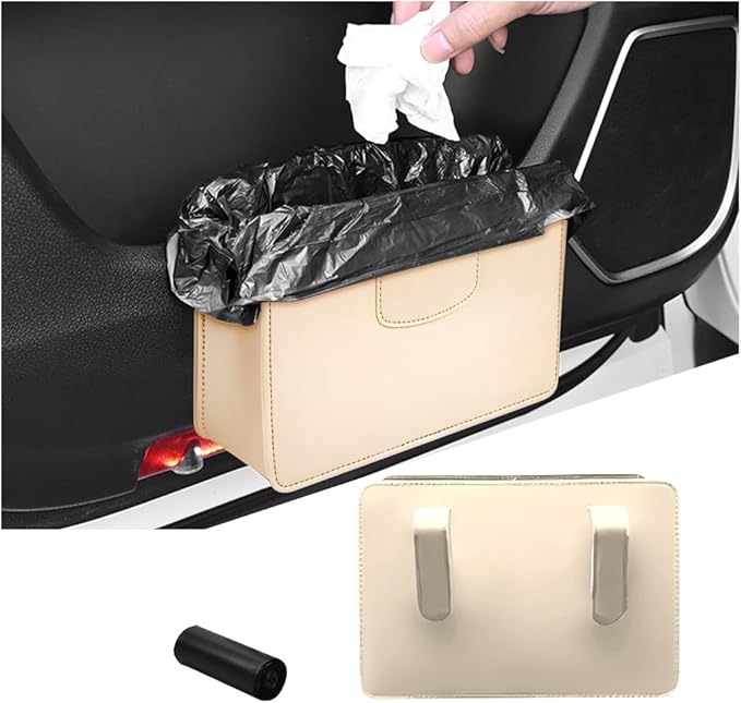 Car Trash Can, Leather Auto Garbage Bin, Magnetic Litter Storage Container, Mini Portable Foldable Vehicle Interior Hanging Dustbin Accessories, Universal for SUV, Truck, RV（Beige）
