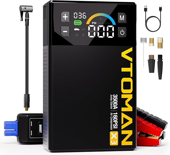 VTOMAN X3 Jump Starter with Air Compressor, 3500A Portable Car Battery Jumper Starter (9L Gas/8.5L Diesel Engines) with 160PSI Auto-Shutoff Tire Inflator, 12V Lithium Battery Booster Pack, Jump Box