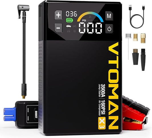 VTOMAN X3 Jump Starter with Air Compressor, 3500A Portable Car Battery Jumper Starter (9L Gas/8.5L Diesel Engines) with 160PSI Auto-Shutoff Tire Inflator, 12V Lithium Battery Booster Pack, Jump Box