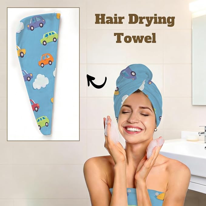 Women Bath Wrap Hair Towel Drying Cap Set Cute Adorable Cars Soft Absorbent Bathrobe Shower Wraps with Adjustable Closure Spa Bath Robe