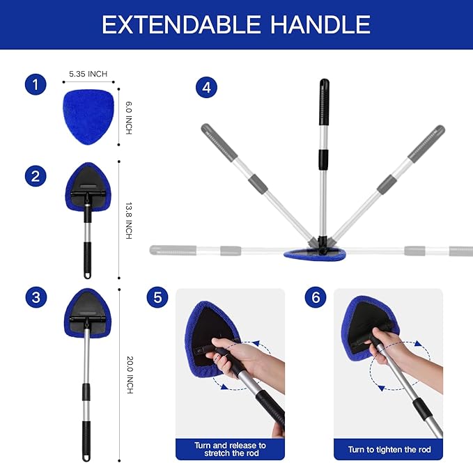 Qydipclin 10pcs Windshield Cleaning Tool Inside Car Window Cleaner Wash Kit with 4 Reusable Microfiber Pads 1 Spray Bottle and Extendable Handle Interior Auto Glass Wiper Kit, Blue&Green