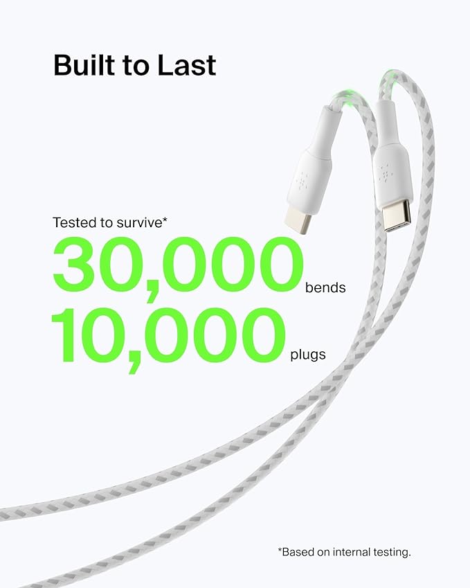 Belkin USB A to USB C Cable, 6.6ft, 15W - Type C Charger, iPhone Charger Cord, Soft, Braided, Flexible for iPhone 16 & 15, Galaxy S25, Pixel 9, iPad Pro, Airpods Pro, Switch & More - White