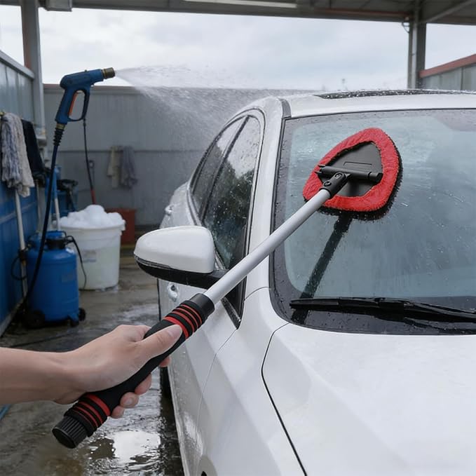 HZEL Car Windshield Cleaner Tool with Extendable Handle, Vehicle Glass Wiper Window Cleaning Tool with 2 Reusable Microfiber Pad, Auto Windscreen Detailing Cleaner Kit, Universal Fit (Triangle Red)