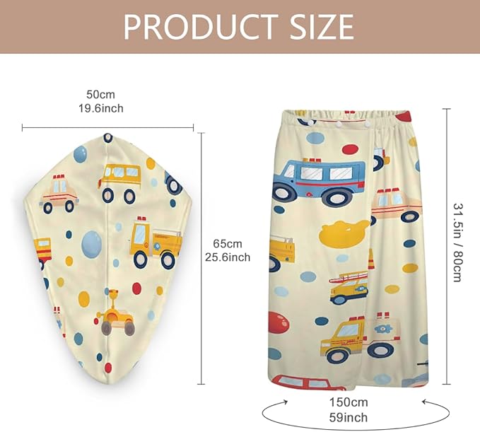 Women Bath Wrap Hair Towel Drying Cap Set Colored Trucks Cars Pattern Soft Absorbent Bathrobe Shower Wraps with Adjustable Closure Spa Bath Robe