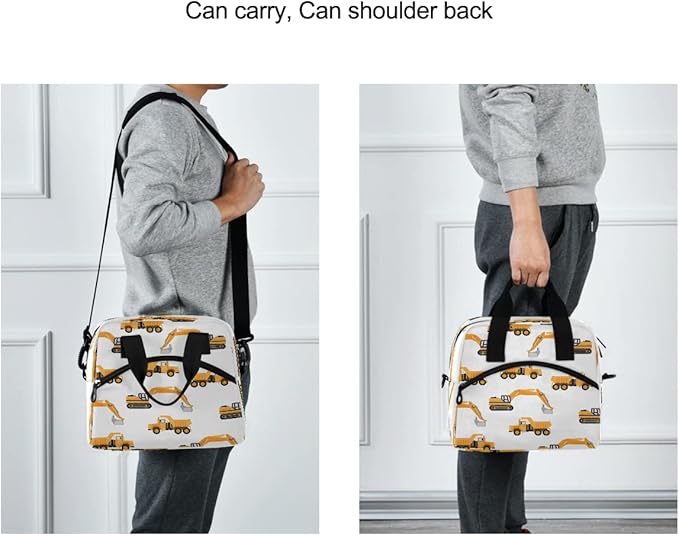 Lunch Bag for Kids Industrial Car Excavator and Trucks on White Insulated Cooler Lunch Box Large Capacity Lunch Organizer for Boys Girls