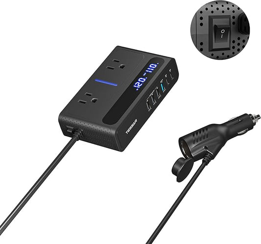 200W Car Power Inverter, TESSAN 12V DC to 110V AC Converter with 2 AC Outlets and 6 USB Ports with 65W USB-C, Car Charger Adapter PD/QC 3.0 Fast Charging, Car-Essentials for Camping, Road Trip, Black