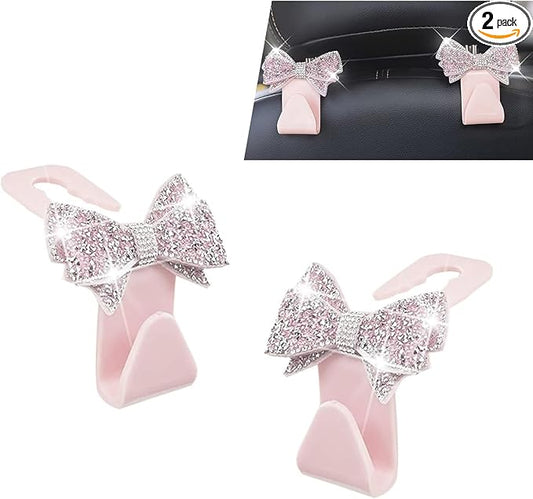 2 PCS Car Headrest Hooks, Cute Bowknot Auto Seat Back Hangers for Purses Bags Coats, Bling Rhinestone Interior Storage Organizer Hooks, Universal for Cars SUVs Trucks (Pink)