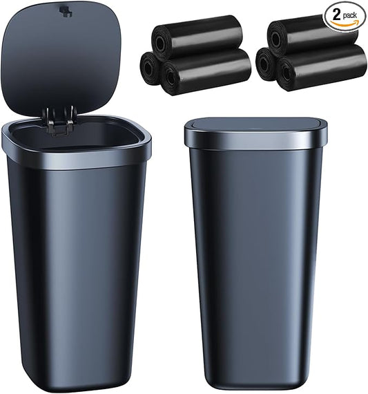 2 Pack Mini Car Trash Can with Lid and 90 Bags, Small Cup Holder Trash Can for Car Door Home Office Bedroom Desktop - Waterproof & Odor Blocking (2Black)
