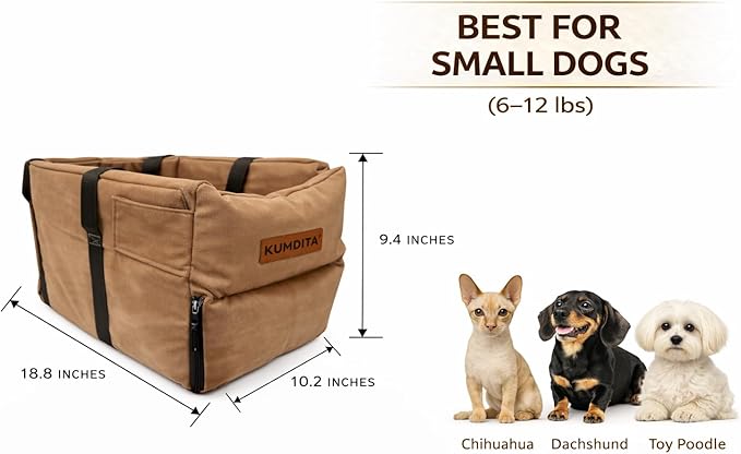 Kumdita Soft Console Dog Car Seat & Carrier for Extra Small Dogs (6–12 lbs). Cozy Center Console Pet Bed for Short Trips. Includes Safety Tether (Brown)