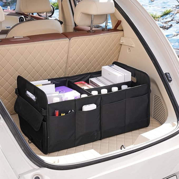 Car trunk storage box Foldable sedan SUV Universal outing travel good goods Multi compartment partition with handle (black)