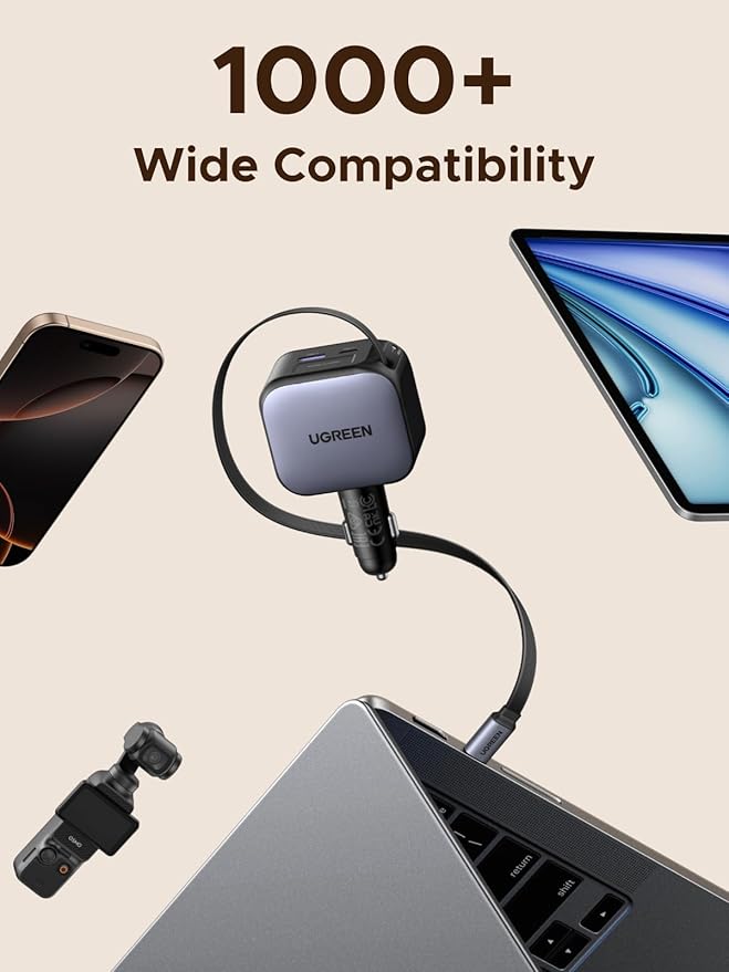 UGREEN 145W 4-Port Retractable Car Charger, 3C1A USB C Fast Charger with 60W Retractable Cable, Cigarette Lighter Adapter Compatible with MacBook Pro, iPhone 17/16, Galaxy S25/S24 Ultra, iPad, Laptop