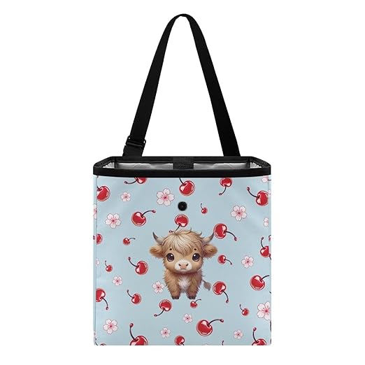 Car Trash Can Leak Proof Auto Trash Bag Hanging Vehicle Garbage Can Multipurpose Storage Container for Back Seat Car Accessories, Cherry Floral Highland Cattle Print