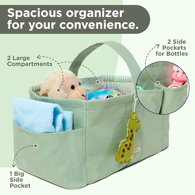Folkulture Baby Diaper Caddy | Cotton Diaper Bag for Kids - Stylish Comfort Spacious Travel Essential Cart | Nursery Storage Bin and Car Organizer for Diapers, Wipes - (Sage Green - 15")