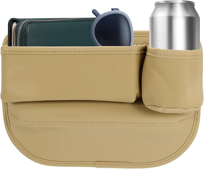HARFINGTON Car Seat Gap Filler Organizer 11.8 x 8.3 x 2.2 Inch PU Universal Car Organizer Storage Box Between Seat and Console (Right) with Cup Holders for Phone Sunglasses Keys, Beige
