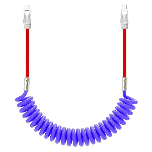 chubbycable Curly Chubby 240W Coiled USB C Cable Retractable Fast Charging Cable for Car Charger Cord Compatible with iPhone 17-15 Series, Red+Dark Blue, Type-C to Type-C, 2.29FT-3.6FT