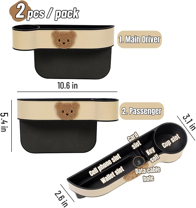 2 Pack Leather Cup Holder for Car Seat Gap Organizer Cute Bear Multifunctional Car Seat Storage Box for Mug Phone Keys Beige