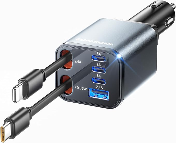 Upgraded SUPERONE Retractable Car Charger, [Ultra-Compact] 6-Port Car Charger USB C, iPhone Car Chargers Fast Charging with USB C & Apple Cable, Car Charger Adapter for iPhone 17/16/15/14/13/12