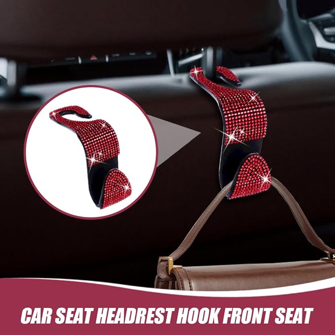deemars 2 Pack Car Seat Headrest Hooks, Bling Car Organizer Hanger Storage Hooks for Bags, Clothes, Coats, Grocery Bags (Red)