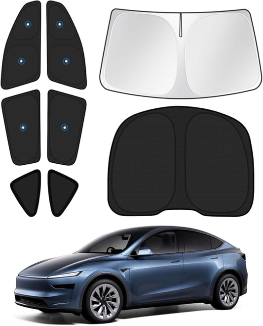 Canvcle Upgraded Window Shades for Tesla Model Y Juniper 2025 2026 Accessories with Suction Cups Windshield Sun Shade Side Rear Window Covers Sunshade Sun Shield Privacy Protection Camping Black 8PCS