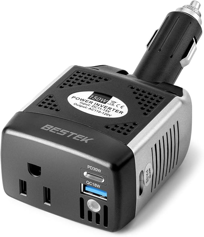 BESTEK 150W Power Inverter, DC 12V to AC 110V Voltage Converter PD 30W QC 18W Dual Charging Ports, Car Charger Power Adapter with Rotatable Plug & Safety Protection for Road Trip, Camping, Laptop